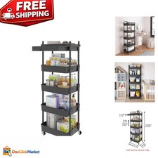 5-Tier Black Rolling Utility Cart with Drawer – Multifunctional Storage Solution