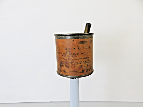 Fuel Measuring Can for Gasoline Iron Early Paper Label Montgomery Ward