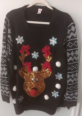 Ugly CHRISTMAS SWEATER Tunic 2X  Rudolph Sequences Pom Bows Snowflakes Party 3D