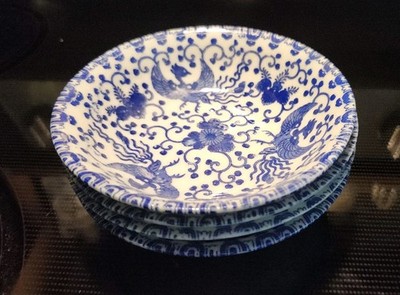 VINTAGE Set Of 4 BLUE WHITE PHOENIX BIRD FRUIT DESSERT Berry BOWLS Japan Dishes