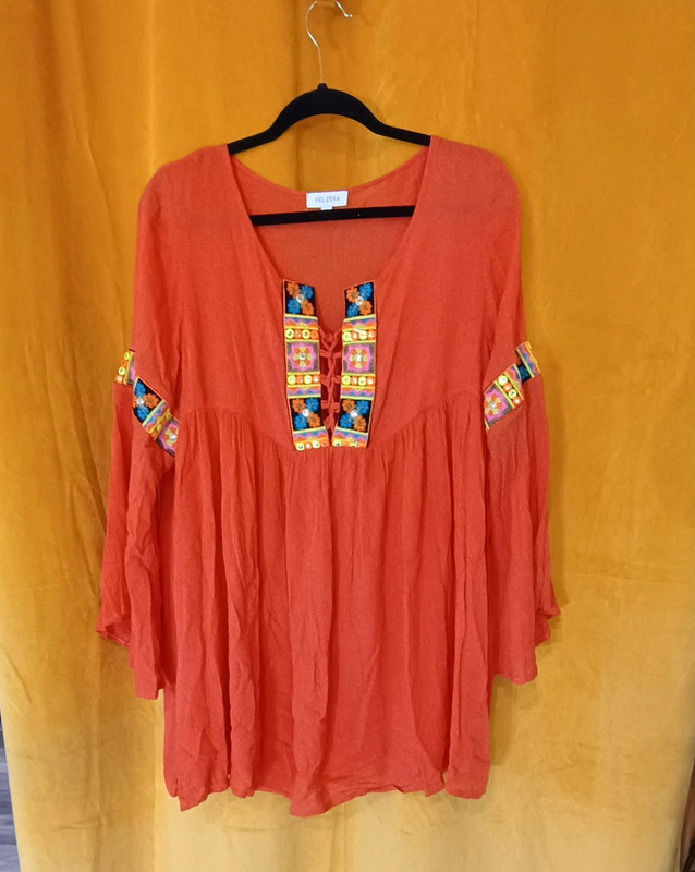 Velzera M Coral Boho Tunic Top Embroidered Bell Sleeve Peasant Festival Hippie