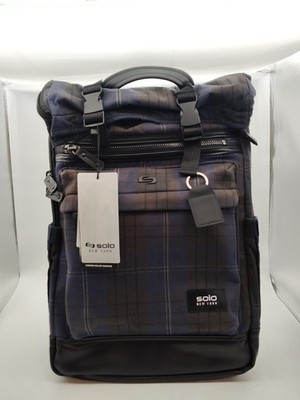 Solo New York-Cameron Plaid Roll-Top Backpack-Black/Blue-NICE-NEW W/TAGS**READ**