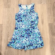 Lilly Pulitzer Girls Blue Green Floral Sleeveless Ruffle Hem Romper Size XXL