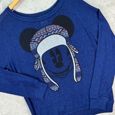 Disney Parks Women's Mickey Mouse Blue Graphic Pullover Sweater Sz L Winter Hat