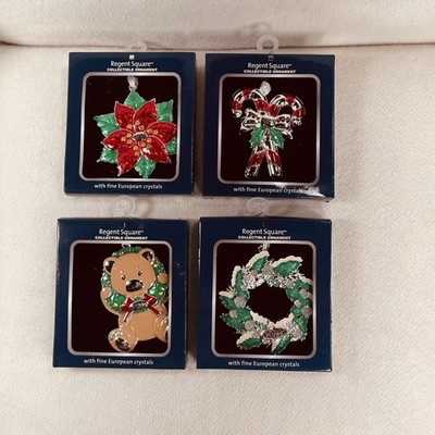 4 Regent Square Enamel Ornaments European Crystal  Poinsettia Candy cane Wreath 