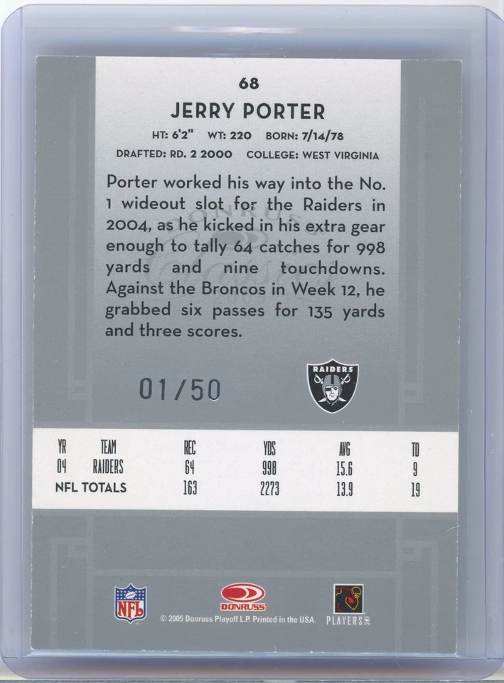 2005 Donruss Classics Jerry Porter #68 Timeless Tributes Silver 1/50 Raiders - Image 2 of 3
