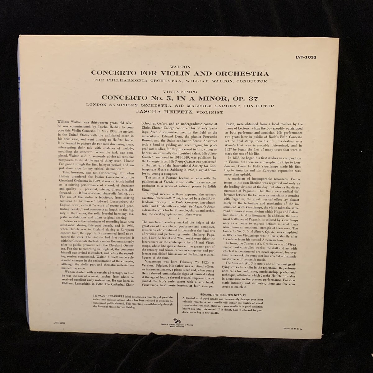 JASCHA HEIFETZ violin - WALTON & VIEUXTEMPS Concertos - RCA LVT