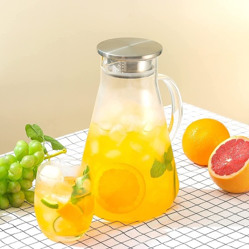 2L Glass Pitcher Juice and Iced Tea Borosilicate Glass Beverage Carafe Hot&Cold