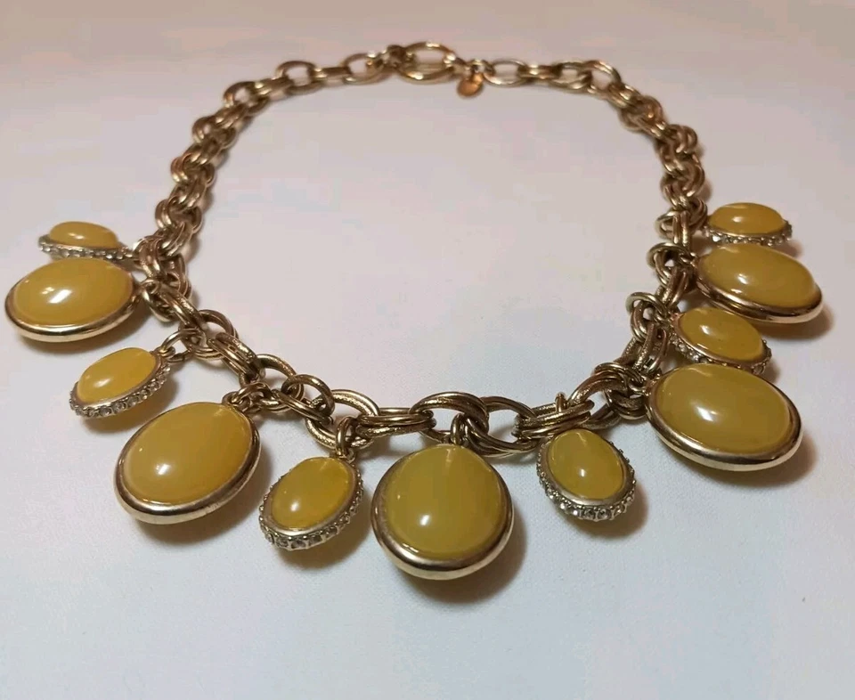 Ann Taylor Runway Colar Antigo Gota de Limão Contas de Acrílico Corrente Dourada Estilo Babador  - Imagem 3 de 4