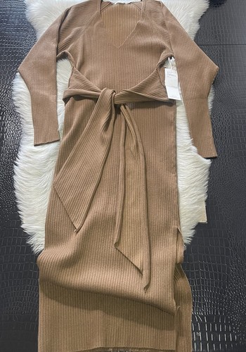 NWT Good American Long Sleeve Belted Body Con Dress Ribbed Knit Sepia Brown 1/2 - Picture 2 of 11