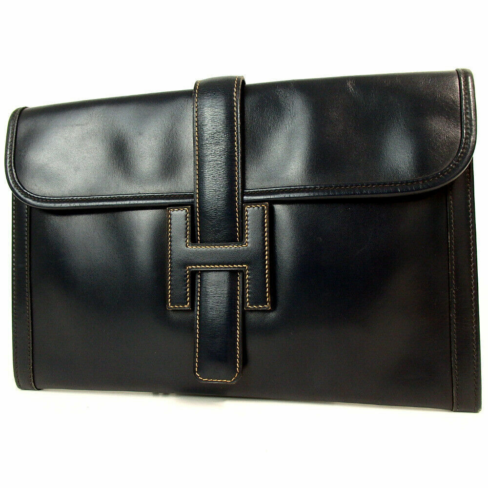 AUTH HERMES Jige PM Dark Navy Blue Vintage Box Calf Clutch AUTH HERMES Jige PM Dark Navy Blue Vintage Box Calf Clutch