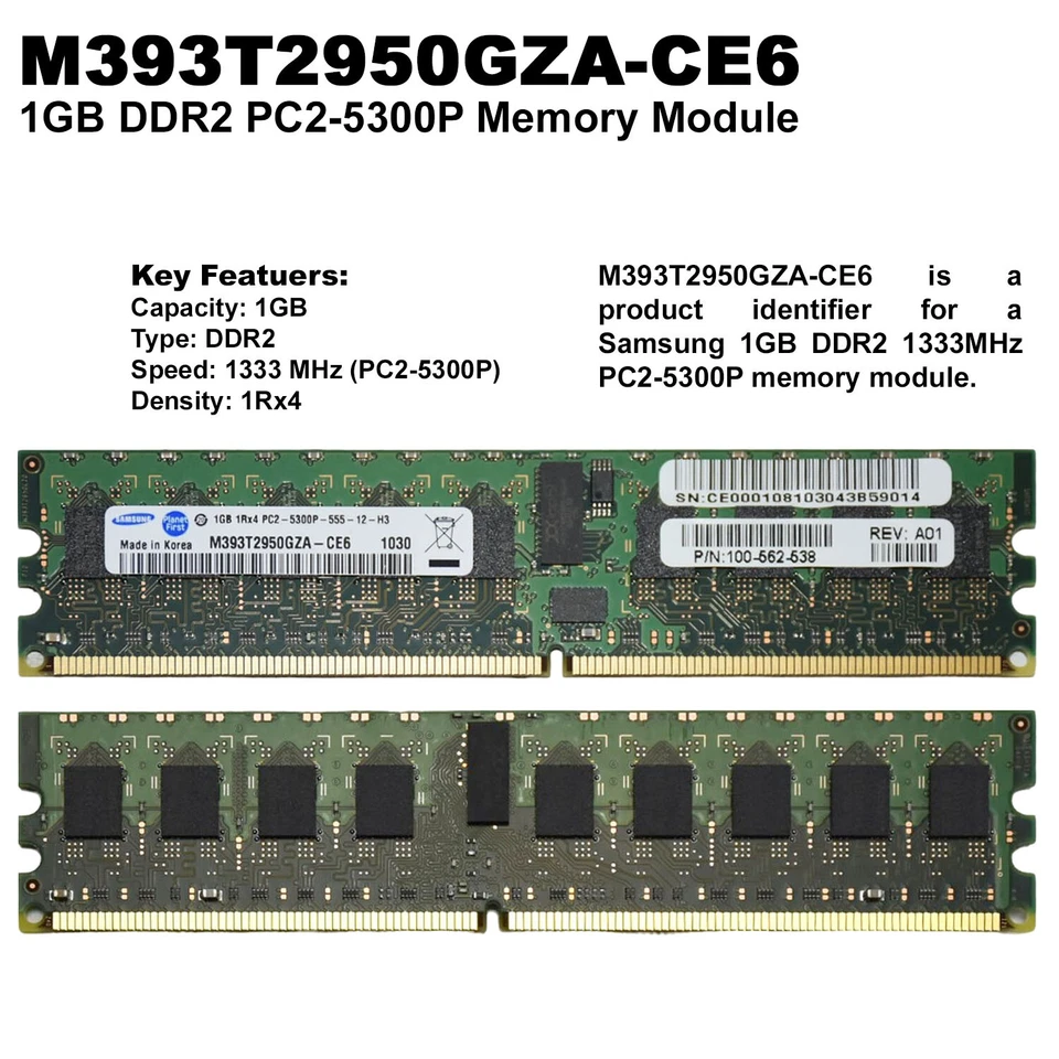 Samsung EMC 1GB DDR2 ECC Registered CL5 1Rx4 RAM Memory Module M393T2950GZA-CE6 - Image 2 of 4