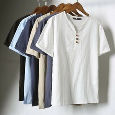 Uomo Lino T-Shirt Henley Collo Stile Maglia Camicetta Rétro
