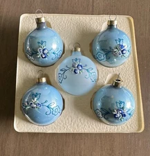 Vintage Rauch Victoria Light Blue Glass Ornaments w/ Glitter & Flowers IOB