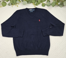 Polo Ralph Lauren 100 Lambswool Blue V-Neck Knit Sweater Size M
