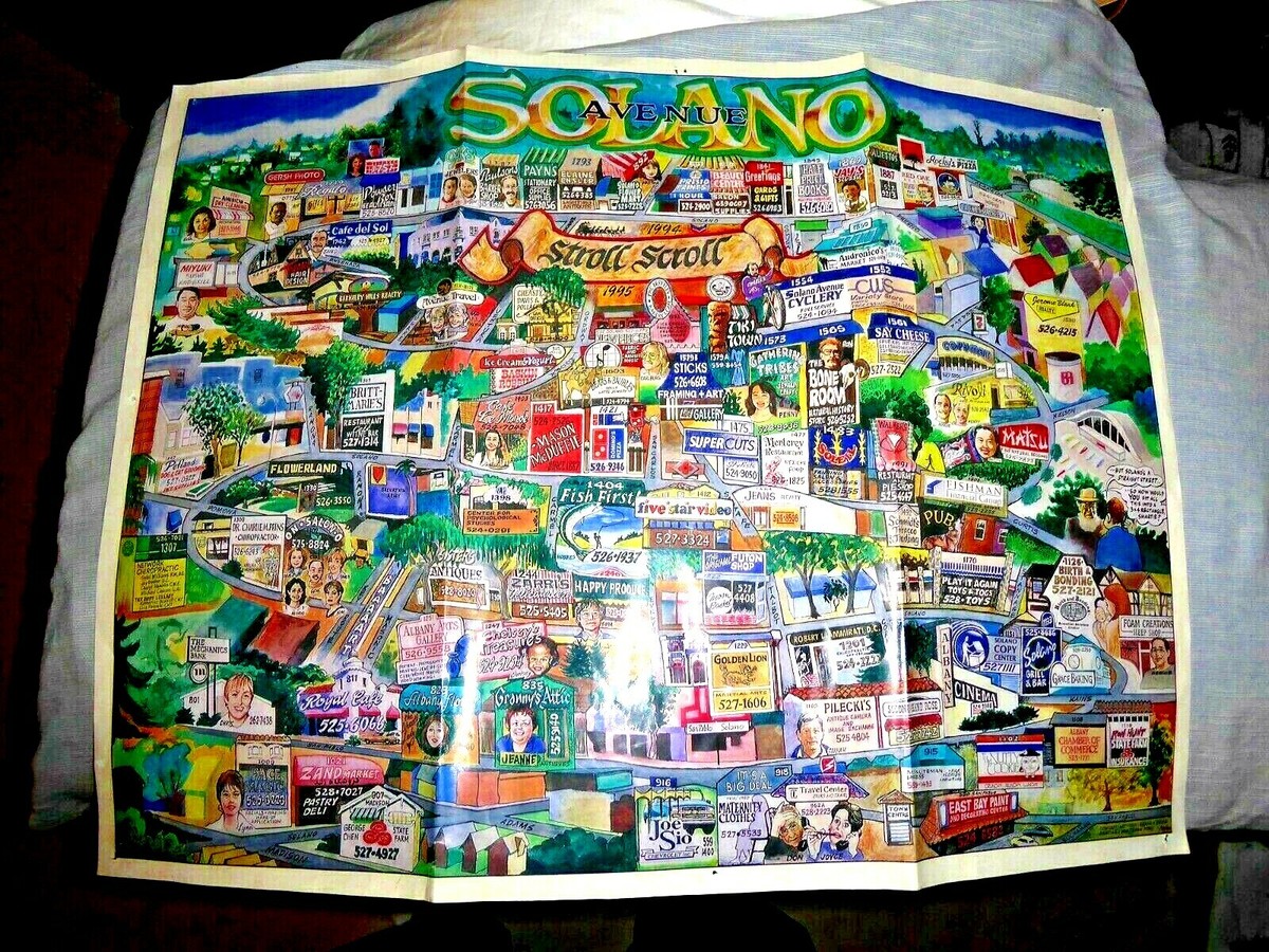 VINTAGE LOVELY CARTOON MAP SOLANO AVENUE BERKELEY CAL BY BRUCE 1994