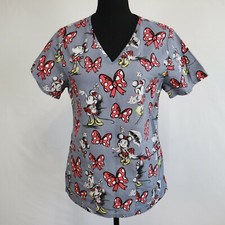Disney Scrub Top Womens XS Minnie Mouse Medical Uniform V-Neck Gray Short Sleeve