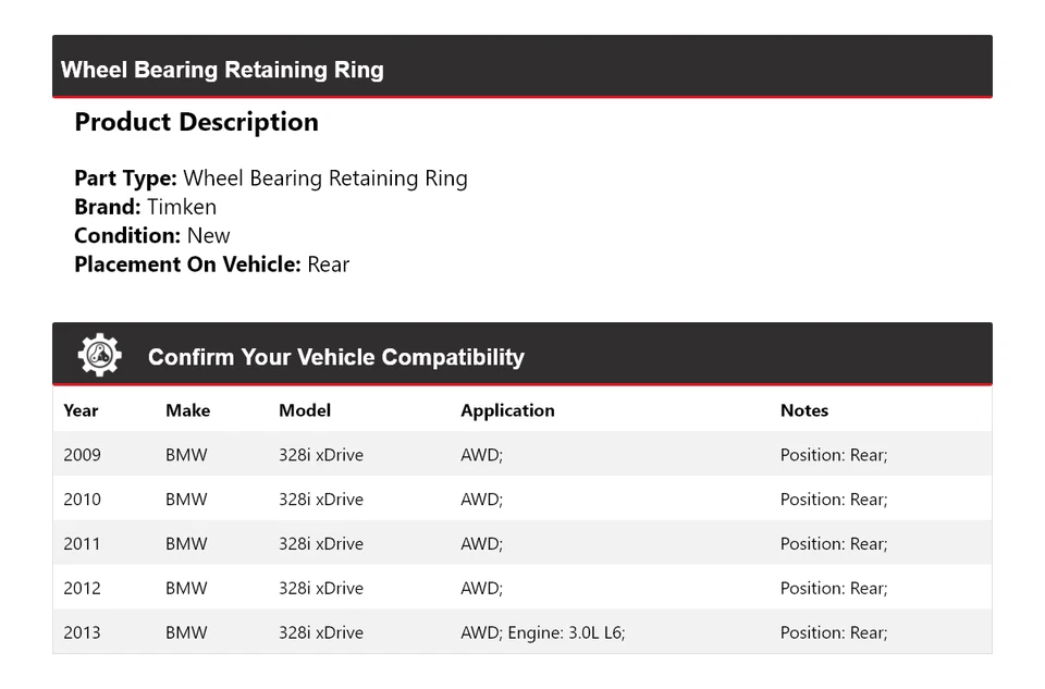 Anillo de retención de cojinete de rueda trasero Timken 2010 para BMW 328i xDrive AWD Foto 2 de 4