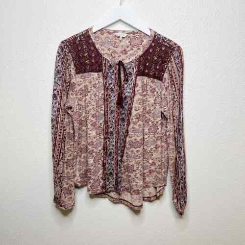 Lucky Brand Paisley Beaded Tassel Tie Pop Over Knit Blouse Top Fall Colors Sz L - Afbeelding 1 van 7