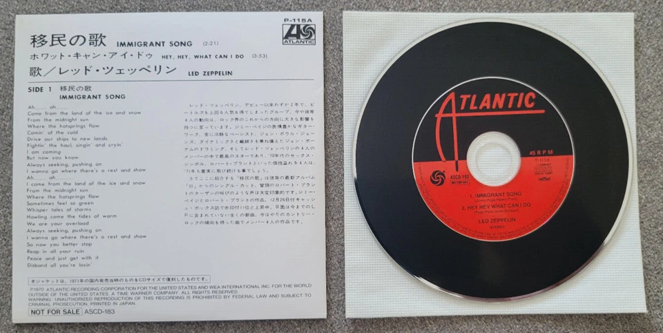 Led Zeppelin Immigrant Song Japan Promo Award CD Single ASCD 183 MEGA RARE Foto 2 de 2