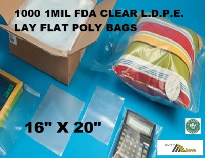 1000 16'' X 20'' 1mil FDA LDPE Lay Flat Clear Open Top End Plastic Poly Bags 1 MIL