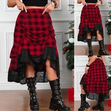 Plus Size Curvy Women Christmas Plaid Check Tartan Skirt Empire Waist Lace Dress