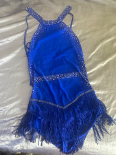 Women  s Blue Ballroom/Latin Dance Costume Dress Rhinestones Fringe Mesh