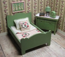 Vintage Double Bed w/ Schoenhut Dresser, Wood Dollhouse Furniture Strombecker
