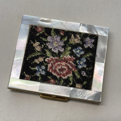 Vintage Schloss & Hausmann Floral Petit Point Mother of Pearl Powder Compact