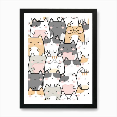 Katzen Kawaii Tiere Muster Kunst Pri gerahmtes Wandbild Poster Leinwanddruck Bild