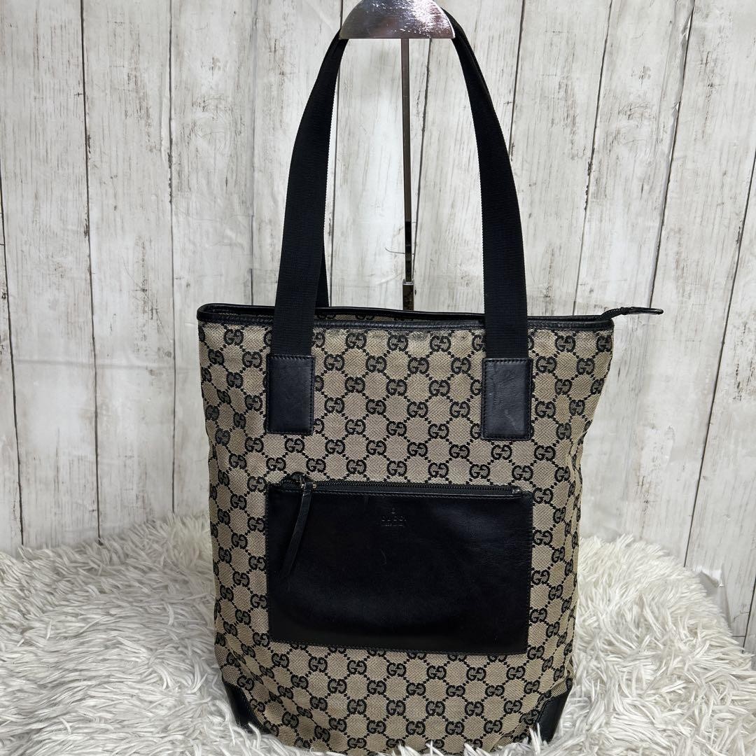 Gucci GG Canvas Tote Bag with Leather Accents in Black Pre-Owned
