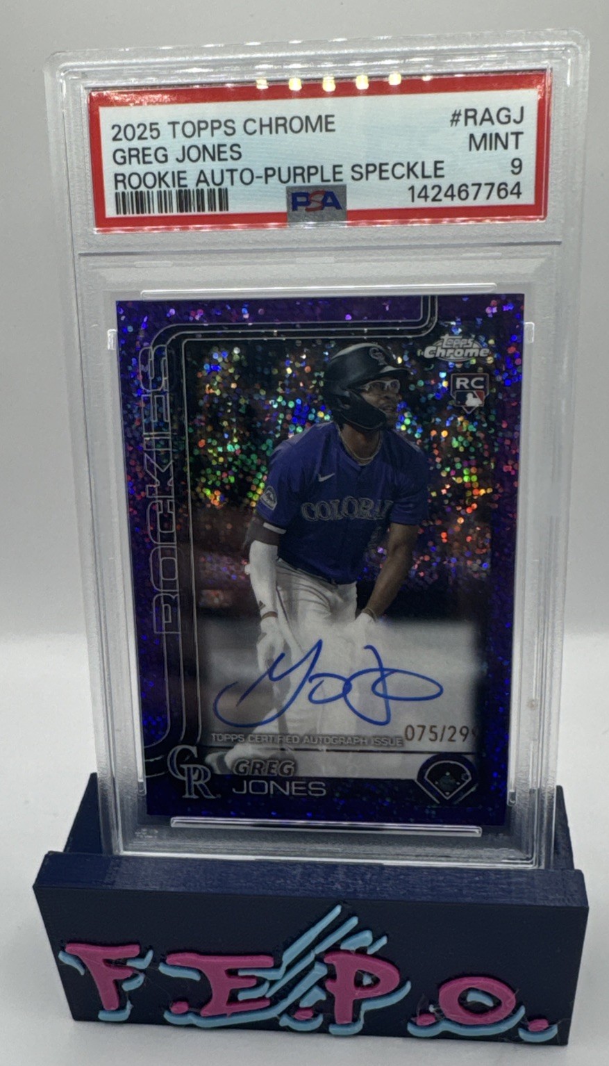 2025 Topps Chrome Purple Speckle Refractor Rockies Greg Jones Auto 75/299 PSA 9