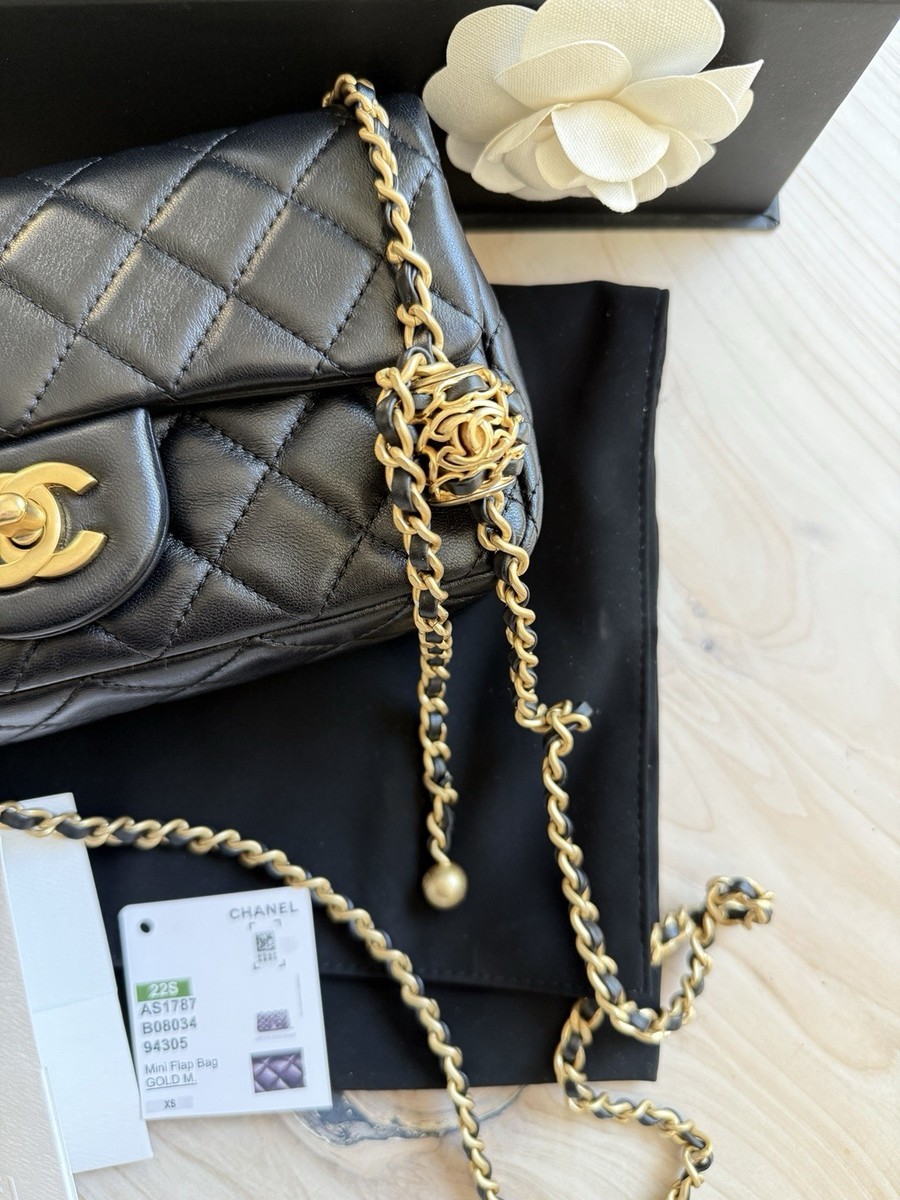 CHANEL 22S Black Mini Rectangle Pearl Crush Braid Gold Ball Flap