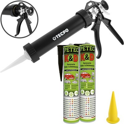 2x 310 ml PETEC KLEBE DICHTMASSE KAROSSERIEKLEBER SCHWARZ + ALU-KARTUSCHENPRESSE