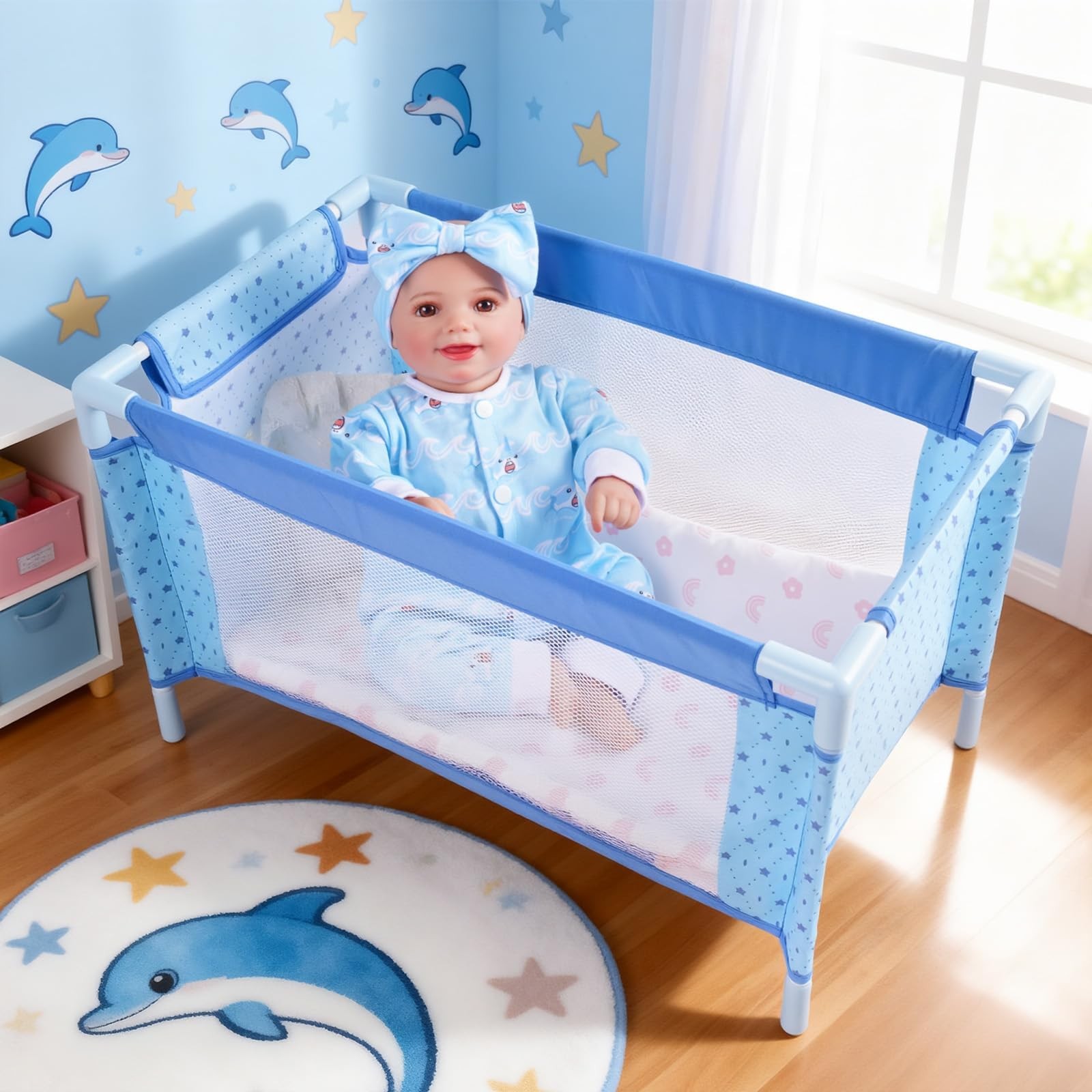 Baby Doll Crib Set for 18 Inch Dolls, Foldable Baby Doll Bed