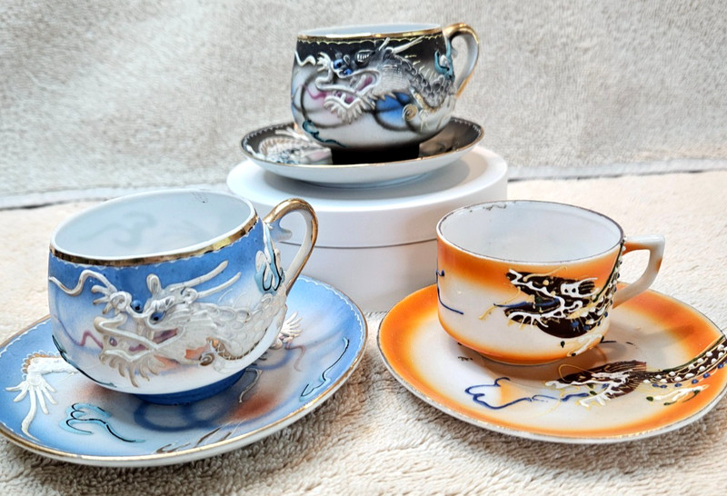 Set of 3 Vintage Dragonware Demitasse Teacup and Saucers.  Two with Lithopane.