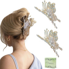 Butterfly Hair Claw Clips for Women, 2Pcs Rhinestone Large Non-Slip Strong Metal