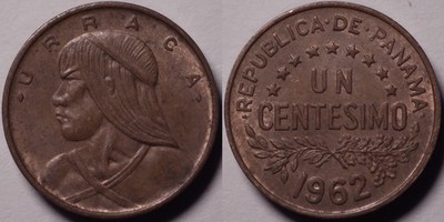 Panama 1962 1 Centesimo KM#22 Bronze Ubarragá Maniá Tigrí Ngäbe Chieftain