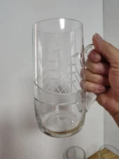 Set of 4 Vintage Etched Glass Beer Drink Mugs Nautical Sailboat Ship 6" Gorgeous