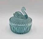 Vintage Jeanette Glass Ice Blue Swan Covered Trinket PowderDish Lipstick Holder