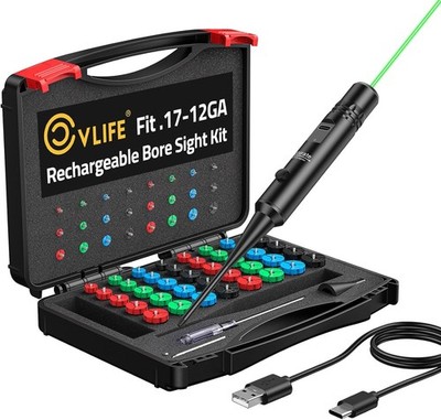 Rechargeable Bore Sight Laser Kit with 64 Adapters fit 0.17 to 12GA Calibers, Pr