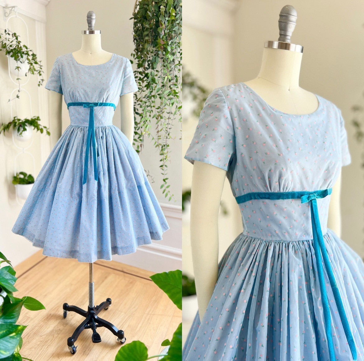 Vintage 1950s Dress | 50s Floral Flocked Chiffon Blue Fit and Flare Tea Party Dr
