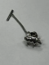Vintage Silver tone Solid Wild Hog/Pig Pin/Tie Tack w/ chain & button secure