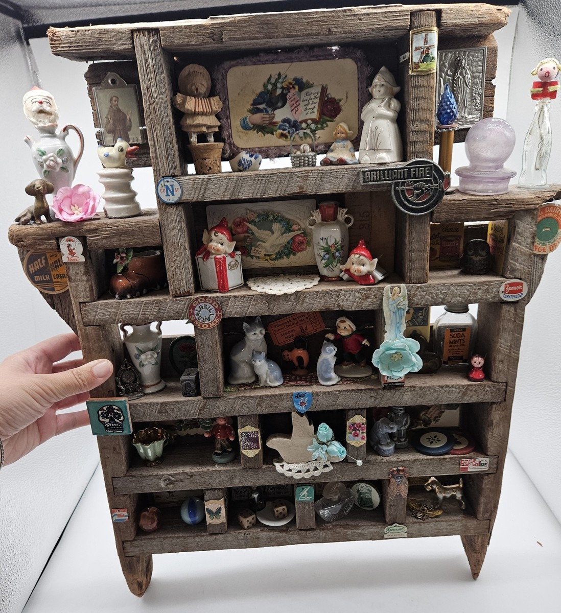 VTG Wooden Primitive Shelf W/Knick Knacks Small Figurines