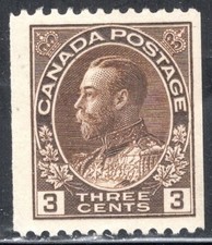 Canada Stamp Scott #134, 3c, King George V, Perf 12 Horz Coil, MLH, SCV$14.00