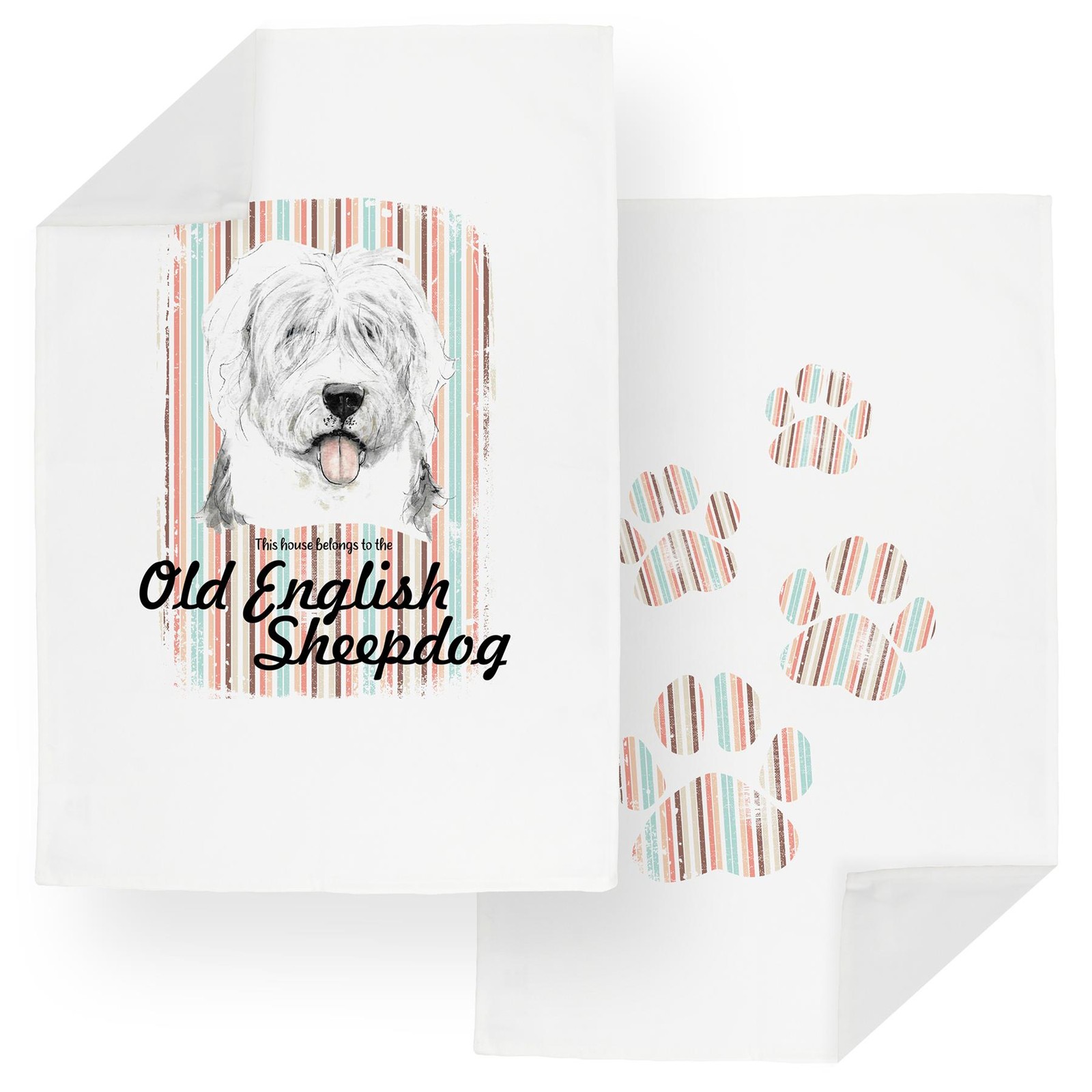 Old English Sheepdog Tea Towel Set - Novelty Dogs & Paw Prints Kitchen Gifts