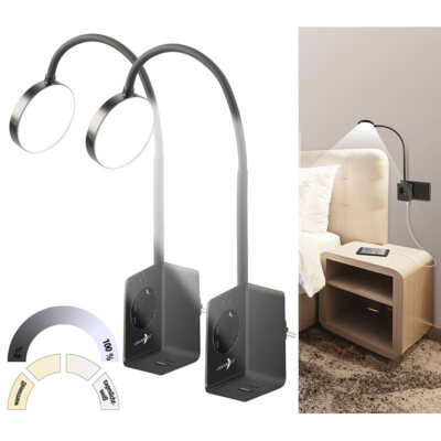 Lunartec 2er-Set LED-Leselampe Mit Steckdose – Dimmbar, CCT (3000–6000K), USB-C & USB-A, Flexibler Schwanenhals – Für Bett, Wand & Schreibtisch