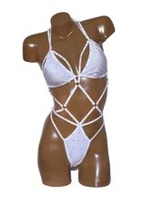 New rhinestone thong cage bodysuit and triangle top set stage wear costume White
