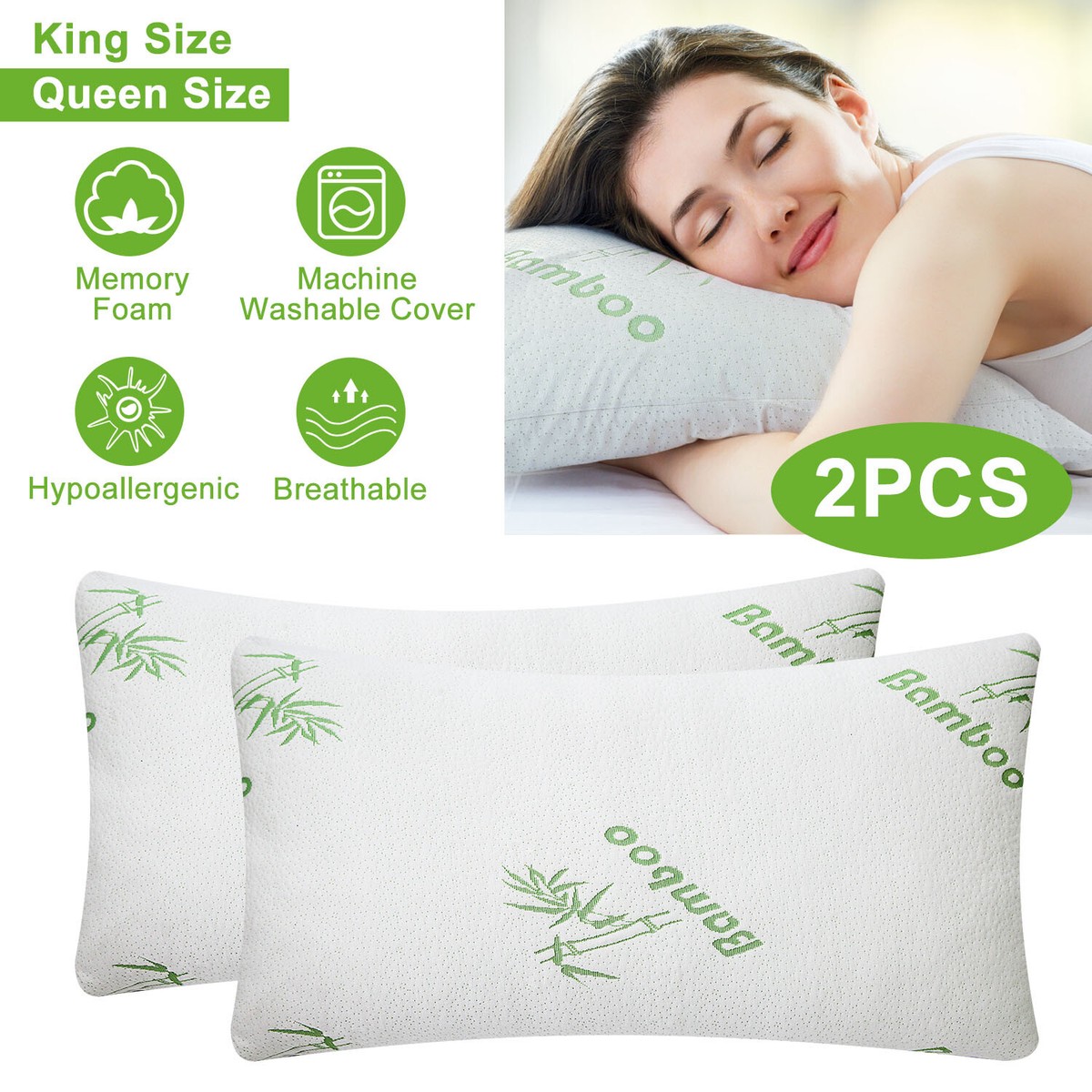 4pcs King Queen Bamboo Pillow Hypoallergenic Memory Foam Pillows Removable  Cover