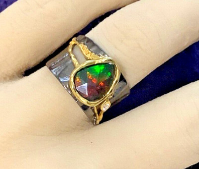 Brillant Black Fire Opal AA+ 925 Sterling Silber Schwarz Rhodium Gold Gr. 9 Unisex